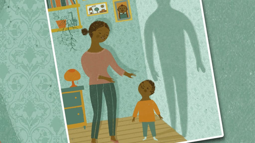 Illustration of a mother with her small son who casts a shadow of a grown man on the wall behind him