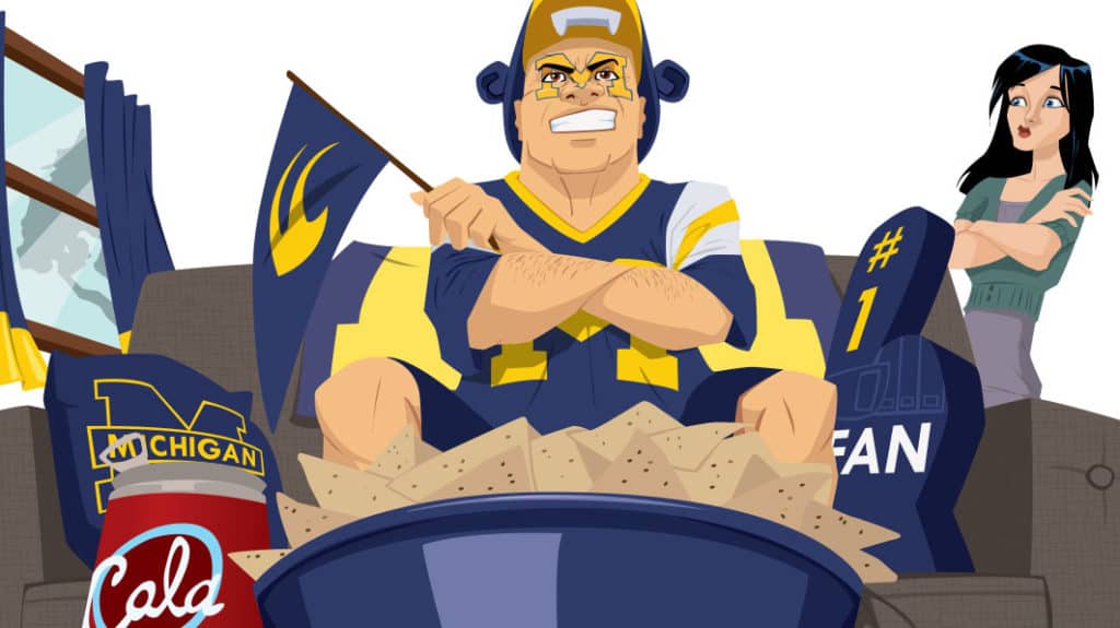 Illustration of contemplative wife watching her husband be an avid TV football fan