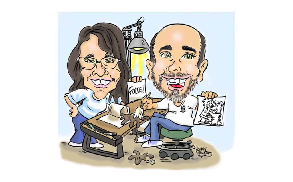 A caricaturcaricature by Jonny Hawkins of himself and his wife, Carissa; cartooning together