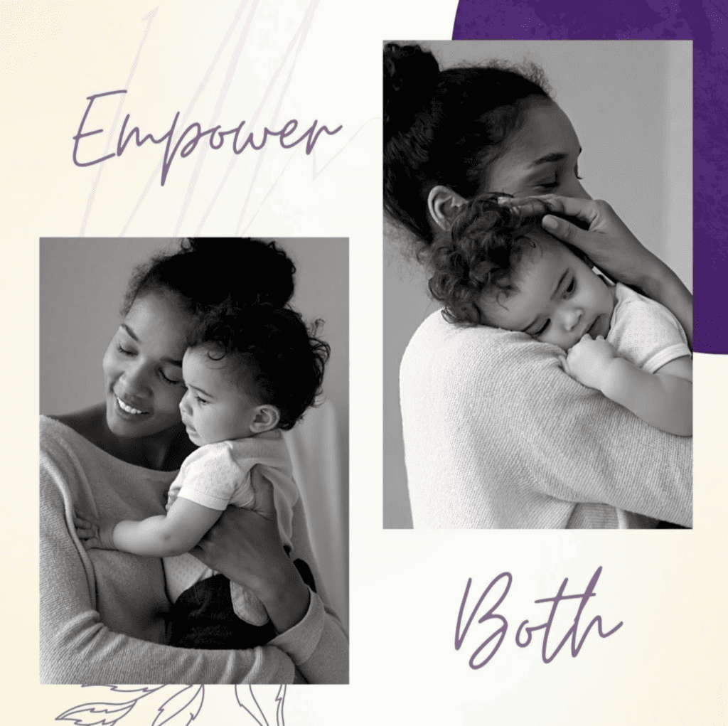 Black and white photos of women with messy bun holding new born baby smiling for open vs closed adoption