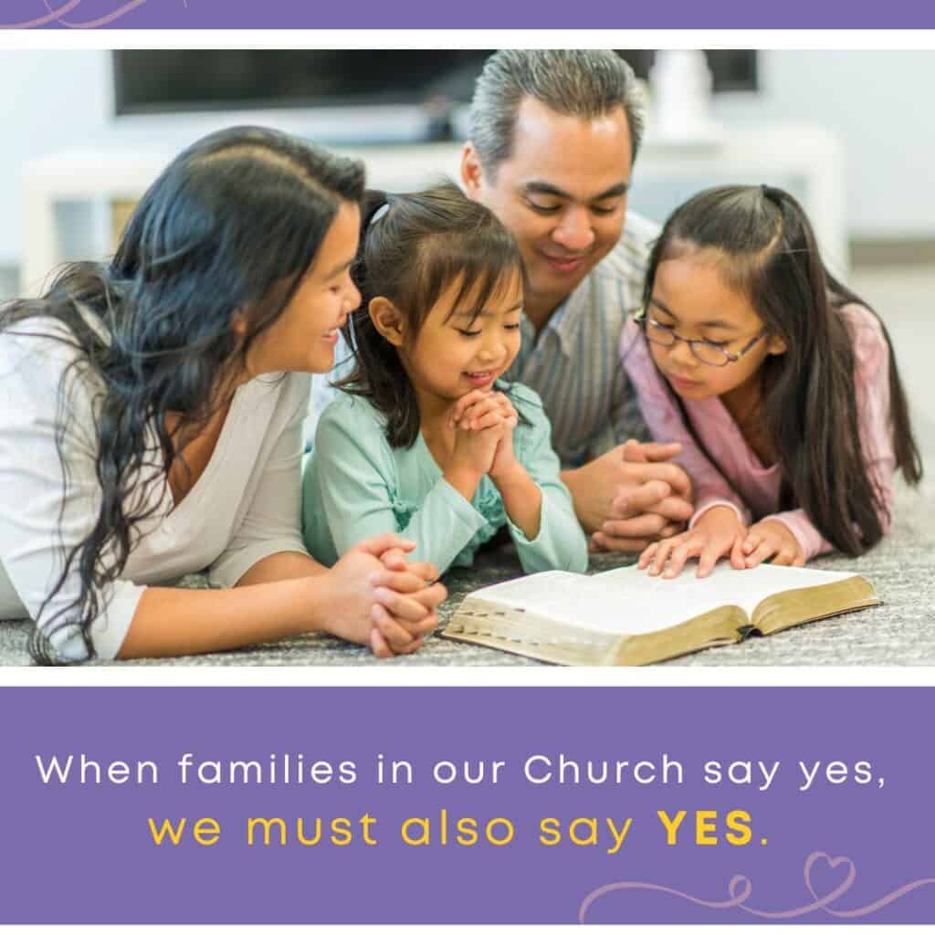 Foster care and the church — a family reads and prays together over an open Bible, emphasizing church-wide support for foster families.