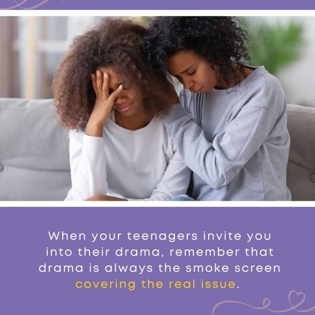 A teen girl sits distressed on a couch with her hand over her face, while her mother comforts her, illustrating the connection between childhood trauma and teenage drama.