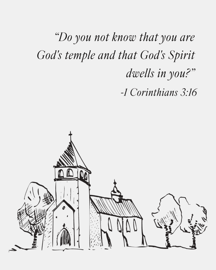 "End of Life Planning | Christian Perspective" graphic with a sketch of a church and 1st Corinthians 3:16 above it.